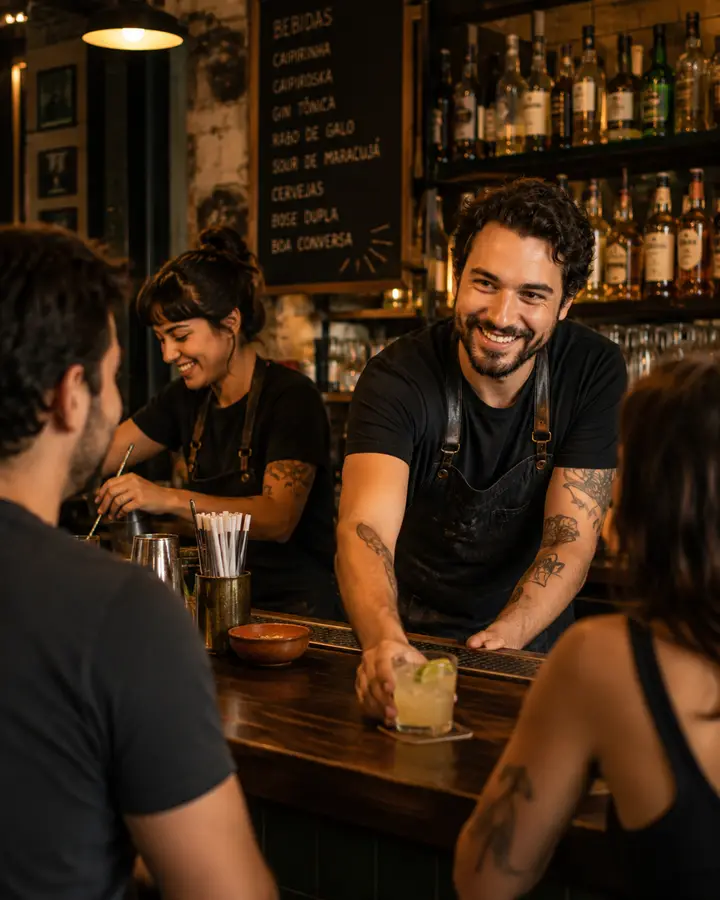 Equipe de bar atendendo clientes no balcão